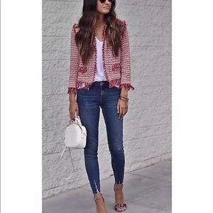ZARA red white freyed tweed blazer jacket